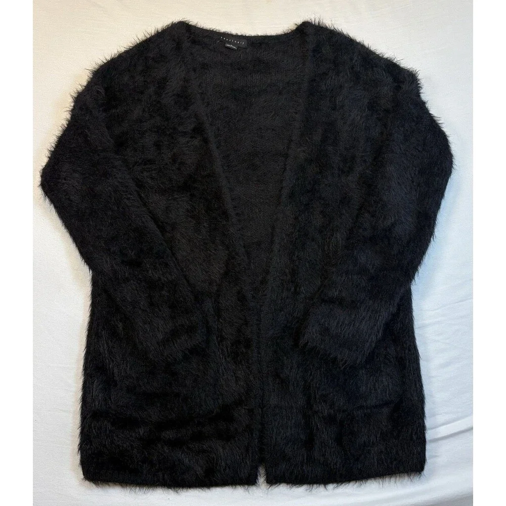 Sanctuary Black Eyelash Knit Open Front Cardigan Sweater Cozy Soft Women’s M